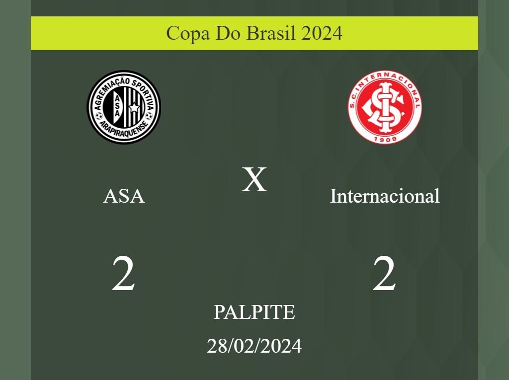 ASA x Internacional palpite: em caso de empate, o placar nesta quarta-feira 28/02/2024 seria de 2 a 2; entenda! - Coisas de Futebol