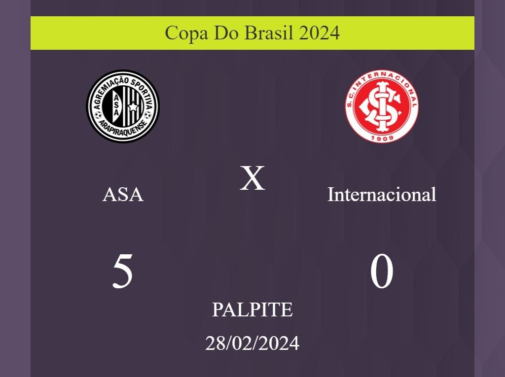 ASA x Internacional palpite: em caso do ASA ganhar, o placar nesta quarta-feira 28/02/2024 seria de 5 a 0; saiba porque! - Coisas de Futebol