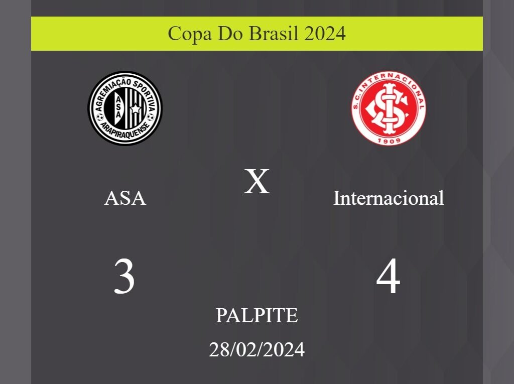 ASA x Internacional palpite: em caso do Internacional ganhar, o placar nesta quarta-feira 28/02/2024 seria de 3 a 4; confira! - Coisas de Futebol