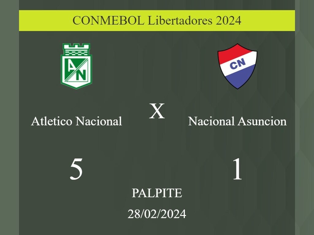 Atletico Nacional x Nacional Asuncion palpite: em caso do Atletico Nacional ganhar, o placar nesta quarta-feira 28/02/2024 seria de 5 a 1; saiba porque! - Coisas de Futebol