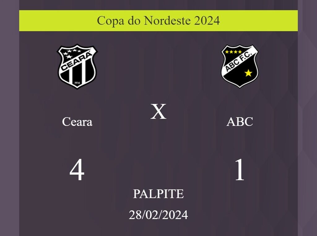 Ceara x ABC palpite: em caso do Ceara ganhar, o placar nesta quarta-feira 28/02/2024 seria de 4 a 1; saiba porque! - Coisas de Futebol