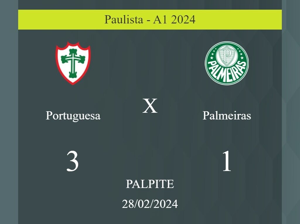 Portuguesa x Palmeiras palpite: em caso do Portuguesa ganhar, o placar nesta quarta-feira 28/02/2024 seria de 3 a 1; saiba porque! - Coisas de Futebol