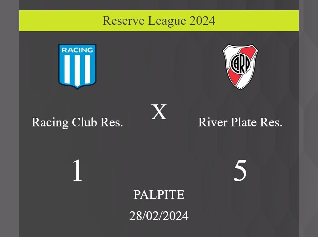 Racing Club Res. x River Plate Res. palpite: em caso do River Plate Res. ganhar, o placar nesta quarta-feira 28/02/2024 seria de 1 a 5; confira! - Coisas de Futebol