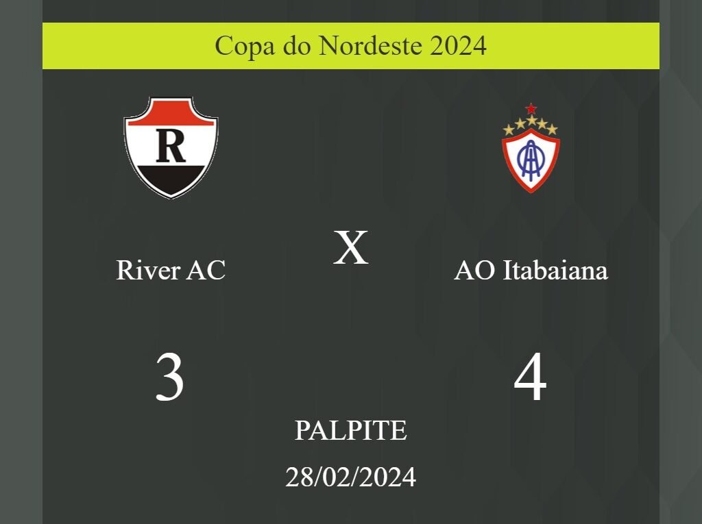 River AC x AO Itabaiana palpite: em caso do AO Itabaiana ganhar, o placar nesta quarta-feira 28/02/2024 seria de 3 a 4; confira! - Coisas de Futebol