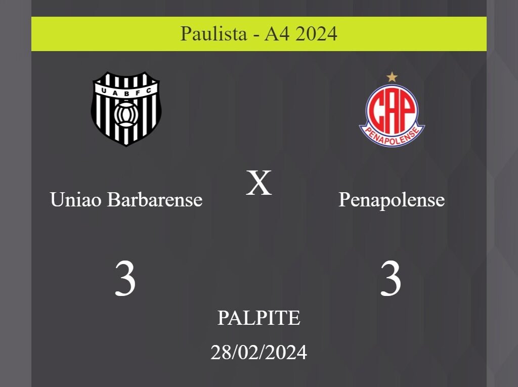 Uniao Barbarense x Penapolense palpite: em caso de empate, o placar nesta quarta-feira 28/02/2024 seria de 3 a 3; entenda! - Coisas de Futebol